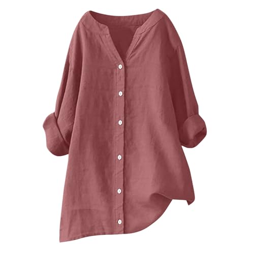 Image of AMhomely Oversized Tunic Tops for Women - Plus Size V Neck Blouse,Button Down Cotton Linen Shirts,Solid Loose Pullover Tees Shirt,Elegant Going Out Dressy Tshirts,Activewear Holiday A Pink 5XL