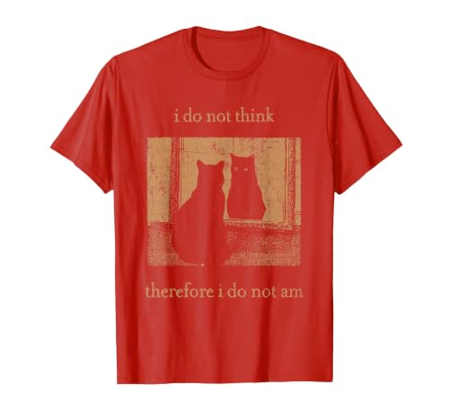 I Do Not Think Therefore I Do Not Am Retro Goth Funny Cat T-Shirt, Men, Red, Large