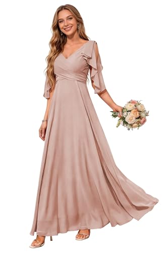 Image of Light Dusty Rose Bridesmaid Dresses with Sleeves for Women V Neck Cold Shoulder Elegant Chiffon Long Ruched A Line Formal Evening Gown with Pockets US4