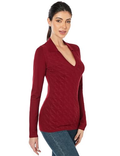 AmélieBoutik Women Collar Deep V Neck Knit Plaid Front Houndstooth Long Sleeve Sweater Top3