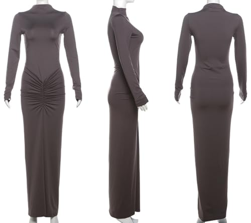 Image of Women's Sexy Turtleneck Long Sleeve Maxi Dress Elegant Ruched Bodycon Long Dress Casual Party Dresses