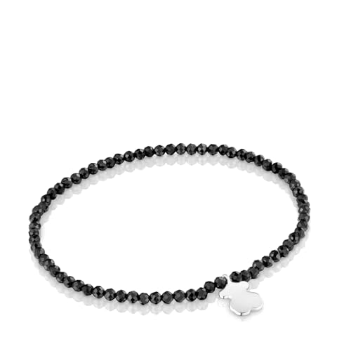 TOUS Pulsera Elástica para Mujer con Bolas Redondas Facetadas de Espinela y Motivo Oso de Plata de Primera Ley, 17cm de Largo, Colección Motivos