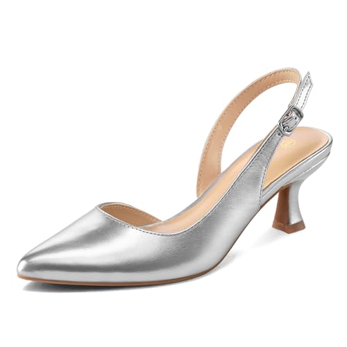 mysoft Women's Pumps Slingback Kitten Heels Pointed Toe Sexy Wedding Party Dress Pump Shoes Metallic Silver