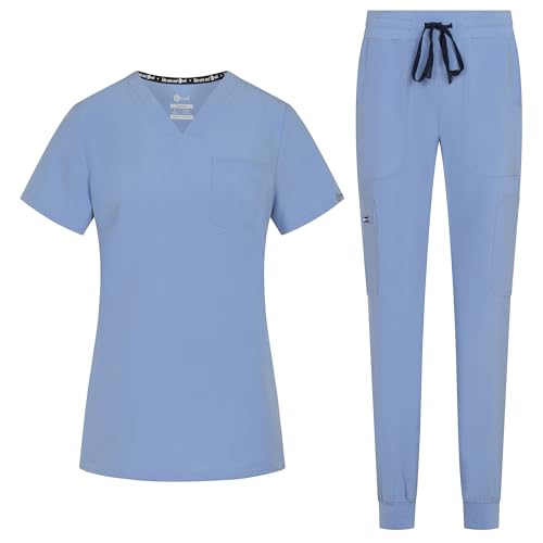 B-well NAOMI Uniforme médico para mujer con casaca y pantalón | Ropa sanitaria elástica, cómoda y profesional, azul claro, XS