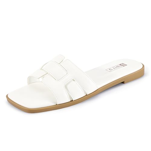 IDIFU Women's Flat Sandals Slip On Open Square Toe Slide