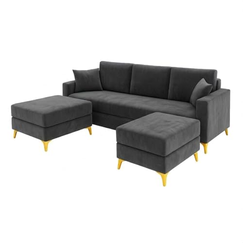 Image of SOCOZI Bravelle 5 Seater L Shape Sofa Set with 2 Movable Ottomans | Flexible Layout| Soft Velvet Suede Fabric|Modern Sofa | Plush Comfort Cushions for Living Room (Dark Gray)