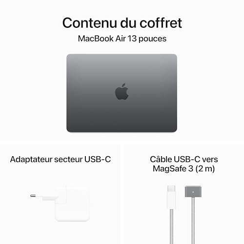 Apple Portable MacBook Air 13 Pouces avec Puce M3 : écran Liquid Retina 13,6 Pouces, 16 Go de mémoire unifiée, 256 Go de Stockage SSD, Clavier rétroéclairé, caméra FaceTime HD 1080p. Gris sidéral