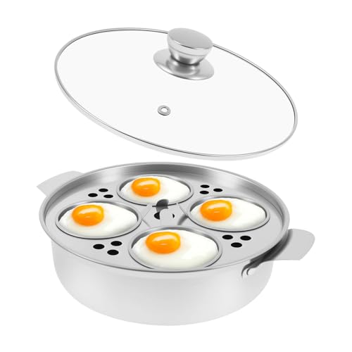 Stainless Steel Egg Poached Egg Pan Versatile Kitchen Poacher Eggs Maker Cooker with 4 Cup and Glass Lid Kitchenware Poacher for Induction Cooker