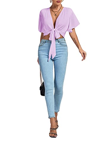 Image of LYANER Women's Sexy Deep V Neck Tie Front Wrap Cropped Blouse Bell Short Sleeve Ruffle Crop Tops