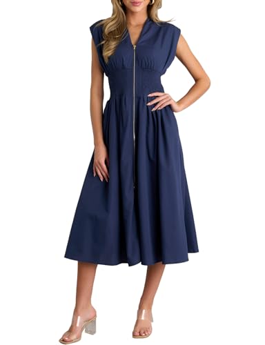 Image of FANCYINN Summer Casual Womens Maxi Dress Sleeveless V Neck Waist Aline Front Zipper High Slit Flowy Long Dress Pockets