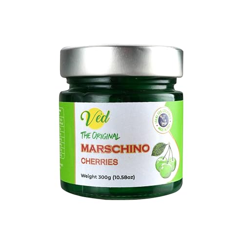 Ved Gourmet Original Grüne Maraschino-Kirschen – Italienische Kirsche für Old Fashioned Cocktails, Veganer Cocktail, Bourbon-Kirschen in natürlichem Sirup zum Cocktail-Topping (300-g-Glas (1er-Pack))