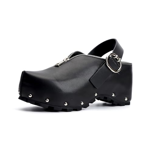 Image of XOBZJH Women's Natural Cow Print Fur Platform Clogs with Decorative Zipper & Adjustable Buckle Strap - Western Slip-On Punk Rivet Mules with Arch Support, Chunky Retro Rustic Style