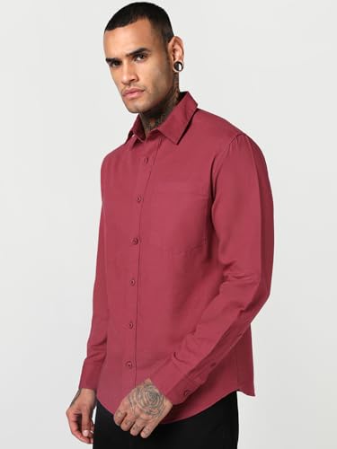 Image of Bewakoof Mens Solid Regular Fit Full Sleeve Collar Cotton Linen Blend Shirt