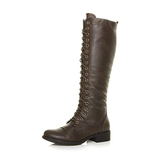 Ajvani Femmes talon bas hauteur du genou mollet armée lacer bottes militaires pointure Marron 5 38
