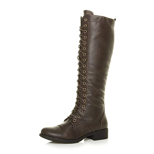 AJVANI flat low block heel lace up zip calf biker military boot size 5 38