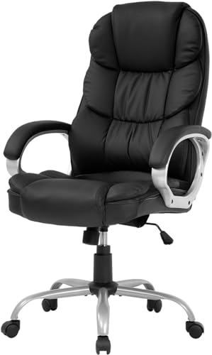 Office Ergonomic Desk Chair, PU Leather Adjustable Height Modern Executive Swivel Task Chair with Armrests Lumbar Support (Black)