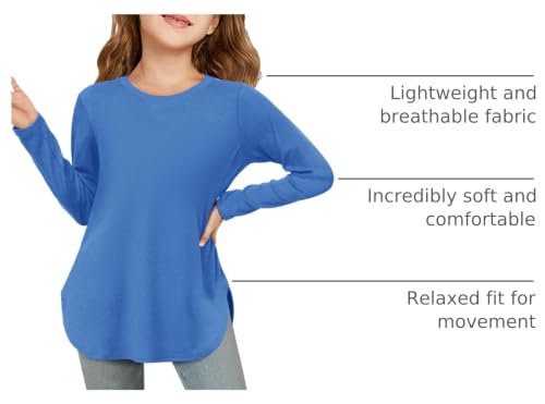 Image of Haloumoning Girls Long Sleeve T Shirts Kids Crewneck Tops 5-14 Years | Solid Color, Casual Loose Fit, Basic Tees, Curve Hem, Side Slit, Soft Tunic Tops, Fashion Clothes