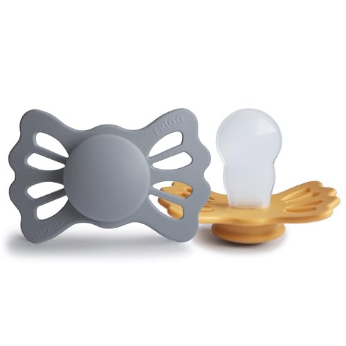 Image of FRIGG Lucky Symmetrical SilkySoft Silicone Baby Pacifier | Made in Denmark | BPA-Free (Great Gray /Honey Gold, 6-18 Months)