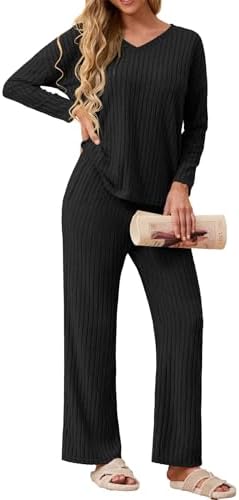 GRECERELLE Schlafanzug Damen Loungewear Pyjama Set Zweiteiler Elegant Gerippt Homewear Herbst Outfit Lose Langarm Oberteile Weitem Bein Hosen Sets