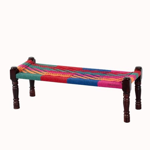 Image of Wooden Bench for Seating | Handcrafted Sheesham Wood Bench for Living Room, Balcony & Garden | Traditional Patio for Outdoor with Cotton Handwoven Rope | Colorful