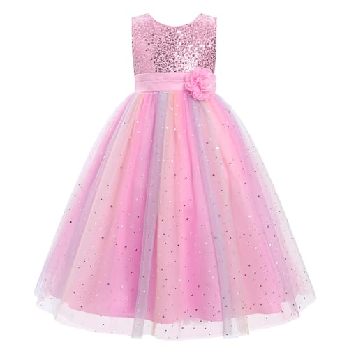 IBTOM CASTLE Flower Girl Sequin Rainbow Tulle Party Dress Little Girl Birthday Wedding Formal Evening Pageant Dance Gown