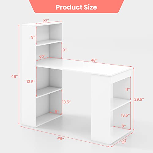 IFANNY 48 Inch Computer Desk with Bookshelf, Reversible Study Writing Desk with Storage Shelves & CPU Stand, Compact Office Desks & Workstations, White Desk for Bedroom, Kids Room, Study (White)