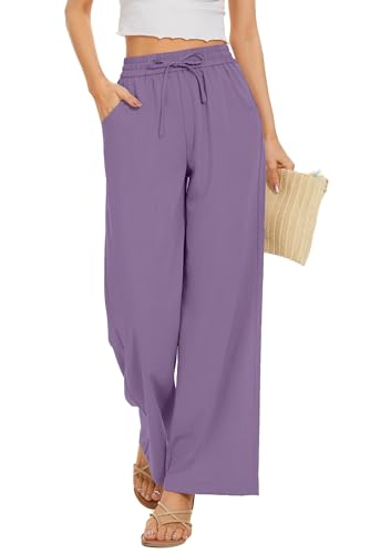 Image of KICZOY Women Flowy Pants Drawstring Waist Wide Leg Palazzo Beach Pants Loose Fit with Pockets