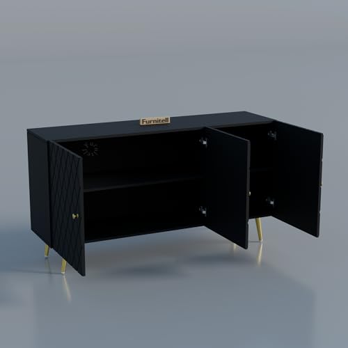 Image of Wooden Sideboard Cabinet for Living Room & Bedroom | Geometric Design Side Board Crockery Cabinet with 3 Doors Storage for Home | HDMR Premium Wood | Golden Metal Legs (Black)