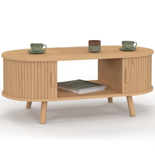 IDMarket - Table Basse Ovale Romie 100 cm 2 Portes coulissantes Lattes tasseau Bois Coloris chêne