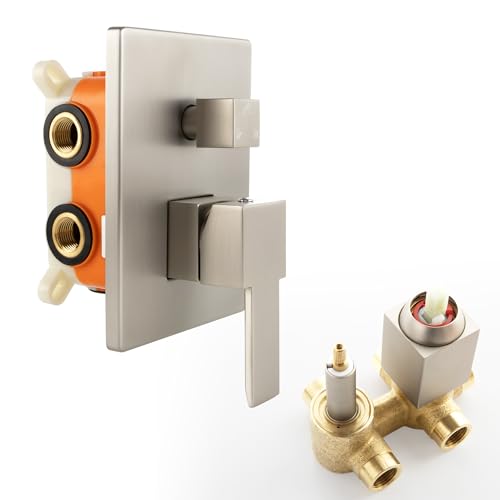 SKOWLL 3 Way Shower Diverter Valve Brushed Nickel, Wall Mount Shower Mixer Control Valve Kit, 3 Function Single Handle Shower Valve Replacement Kit with Rough-In Valves
