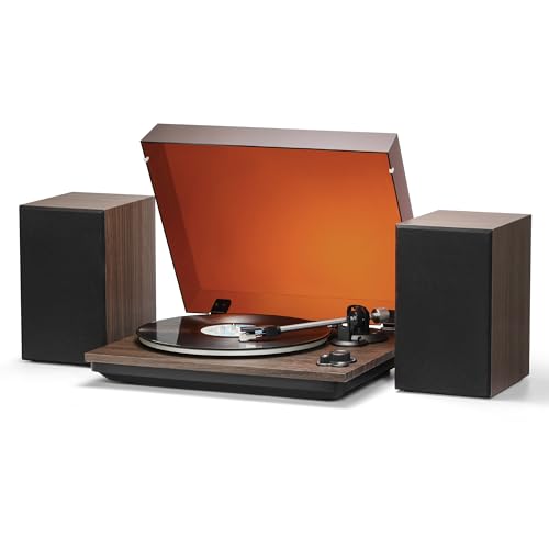 GLENCREAG Vinyl Record Player with AT-3600L Cartridge & 60W Speakers, 2-Speed Belt-Drive Turntable, Built-in Phono Preamp, BT Output Input & AUX-in, Auto Stop