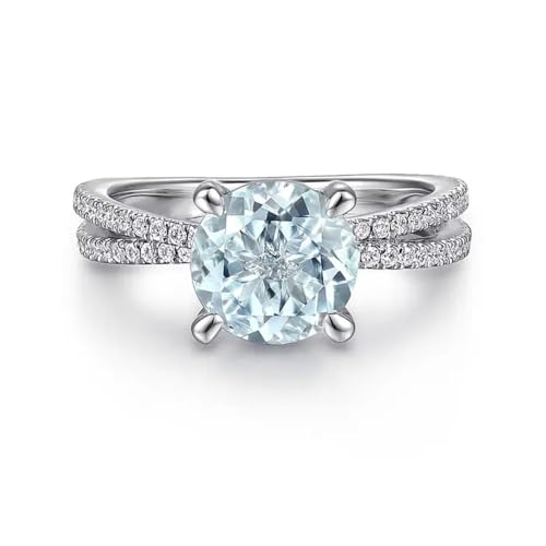 Round Cut Halo Aquamarine Rings for Women 925 Sterling Silver Pave Aquamarine Engagement Ring with Moissanite（D Color VVS1 Clarity） Women's Engraving Wedding Rings