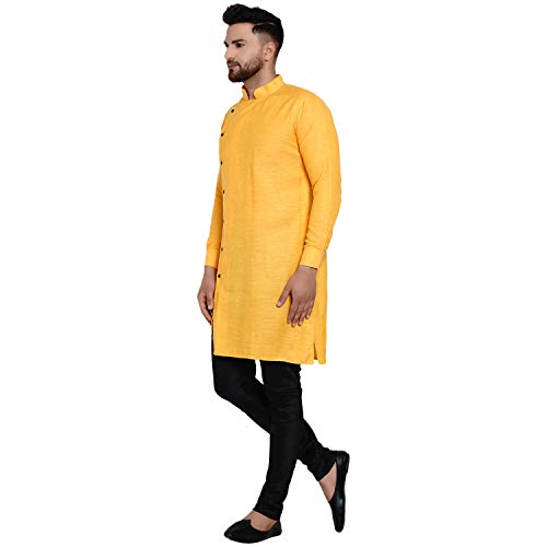 Image of Veera Paridhaan Men's Ethnic Poly Cotton Full Sleeve Textured Side Button Long Kurta(Orange)