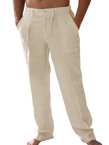 Friptspyg Pantalones de Lino Largos para Hombre con Bolsillos, Pantalones de Ocio Lisos, Ligeros, Holgados, con Cordón, para El Día, Caqui S