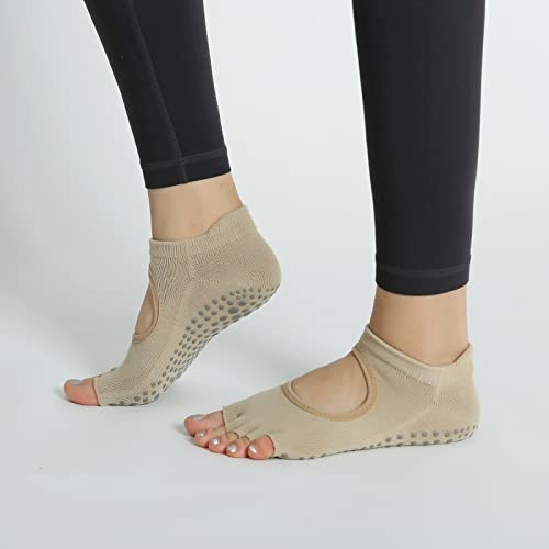 Image of Yoga Pilates Toe Socks Toeless Socks with Grips for Women Non Slip Cushioned Low Cut Ankle Socks for Dance