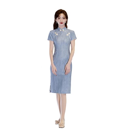 Cheongsam d'été manches courtes la robe rétro bleue qui sublime la silhouette
