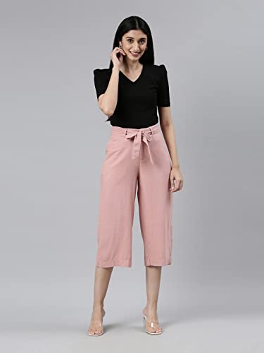 Image of GO COLORS Solid Linen Culottes for Women | High Rise, Side Pockets, Front tie-up