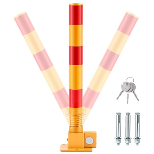 Zonon 1 Pcs Spring Parking Post Folding Heavy Metal Parking Barrier Lock Obstacle Pile with Warning Stripes Interceptor Bollard for Traffic-Sensitive Area Garage (Red)