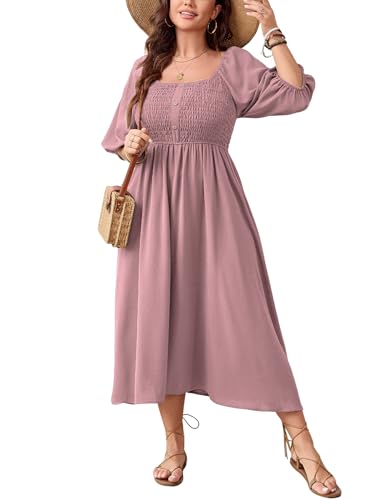 SHESTARR Women's Plus Size Casual Dresses Square Neck Button Up Smocked 3/4 Puff Sleeve Empire Wasit A-line Flowy Midi Dress Pink