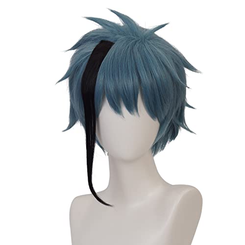 Perruque de cosplay bicolore courte et droite grise et bleue pour costume d'halloween masculin