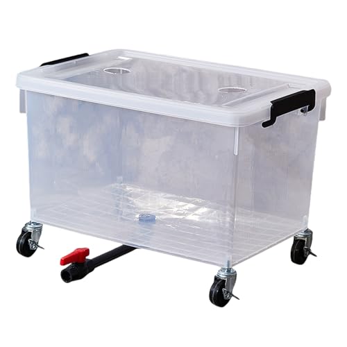 haoyunjianjiak 亀ハウス オープン水槽 浮島 水遊び シェルター 滑り止め お手入れ簡単 プラスチック製 爬虫類繁殖ボックス 亀観察飼育用 排水孔 階段 脱出防止 車輪付き 飼育ケース (底部排水口 + ユニバーサルキャスター,45L(蓋付き