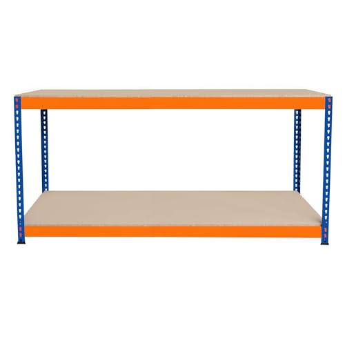 Banco de Trabajo p/Garaje S-Rax 2 Niveles | 180cm x 60cm x 90cm | Capacidad por Nivel 300kg | Montaje Sin Tornillos | 3 Barras de Soporte Reforzadas | Patas de Goma | Mesa para taller almacén depósito
