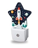 Snowmolle Cartoon Rocket Night Light for Kids,Space Planets Night Lights Plug Into Wall, Lightweight Dusk to Dawn Light Sensor Warm Nightlights for Girls Boys Bedroom Nursery Basement