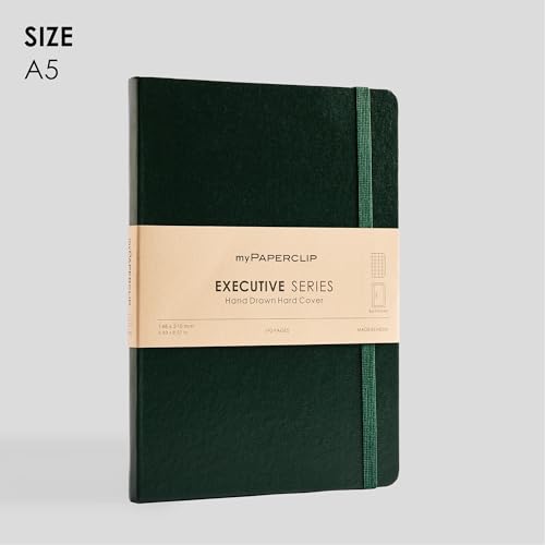 Image of myPAPERCLIP Executive Series A5 Squared Notebook | Hardcover, 80 GSM, 192 Pages | Bookmark, Elastic Band, Back Pocket | Flat Lay Design | Green