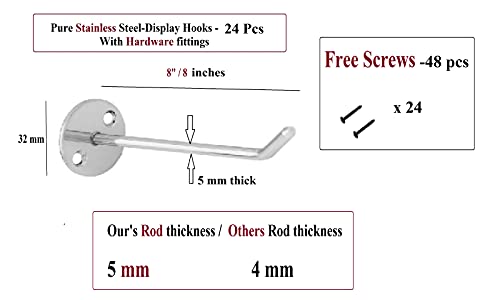 Image of Q1 Beads 24 Pcs. 8 inch Steel Wall Mount Display Hook Pure SS Rod Display Hooks for Mobile Shop /Showroom /Boutique /Supermarket- Heavy Duty with Hardware Fittings(8 Inches,24 Pcs)