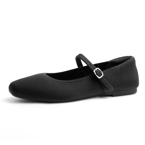Square Toe Mary Jane Flats for Women Dressy Comfortable Knit Ballet Flat Adjustable Strap for Work4