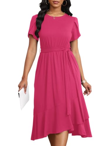 Image of PerZeal Women's Summer Dress Casual Ruffle Sleeve Crewneck A-Line Tiered Flowy Short Sleeve Long Dress with Belt