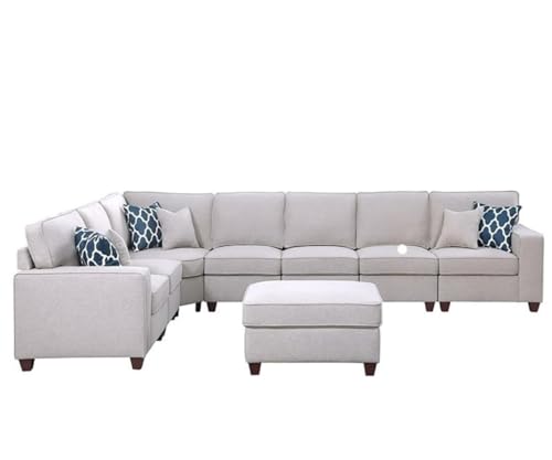 Devion Furniture 8-Piece Modern Chenille Fabric Upholstered L-Shaped Corner Modular Sectional Sofa in Light Gray Finish