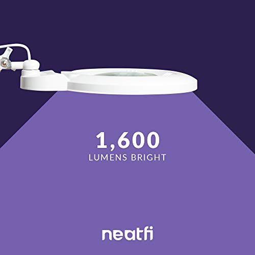 Neatfi XL Bifocals 1,600 Lumens Super LED Magnifier Lamp with Clamp, Large 7 Inches Acrylic Lens, 5 Diopter with 20 Diopter, Hands Free, Dimmable,16W, 84 PCS SMD LED, Adjustable Arm (White)