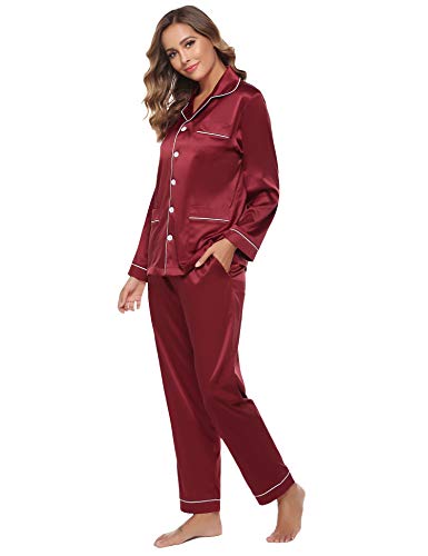 Aibrou Women's Satin Pajamas Set Long Sleeve and Long Button-Down Sleepwear Loungewear Red